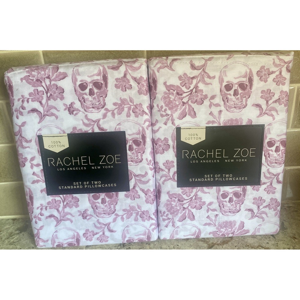 Lot of 2 Rachel Zoe Pink Skull Standard Pillowcases 100% Cotton Floral Toile 4pc